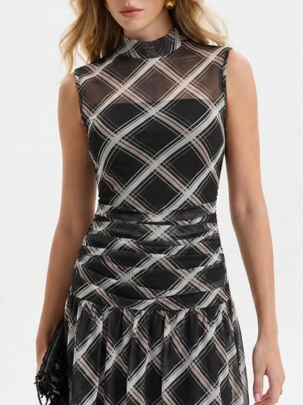 Commense Mock Neck Ruffle Sheer Plaid Mini Dress S